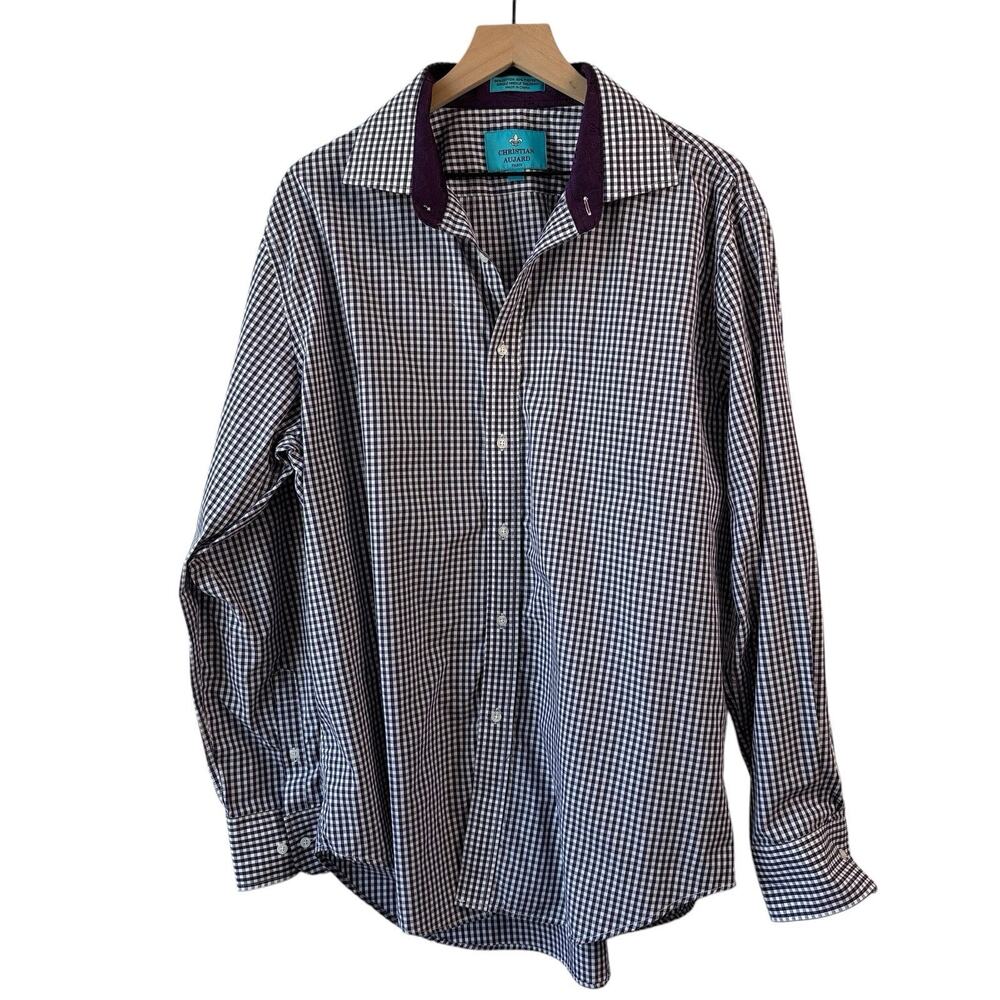 Christian Aujard Mens‎ Shirt XL Purple Check Button Up Plaid Paisley Flip Cuff